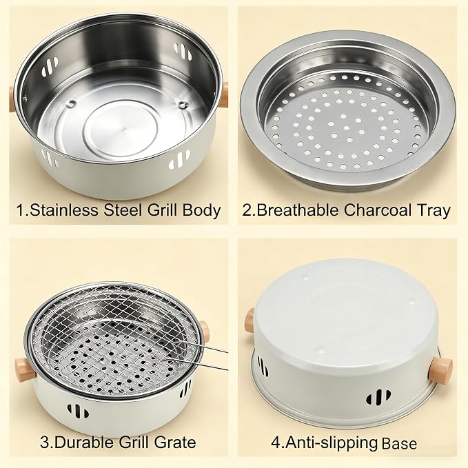 Portable BBQ Charcoal Grill, Mini Tabletop Charcoal Grill Outdoor Multifunctional Round Korean Barbecue Grill for Camping Picnic Beach Party Cooking (Beige)