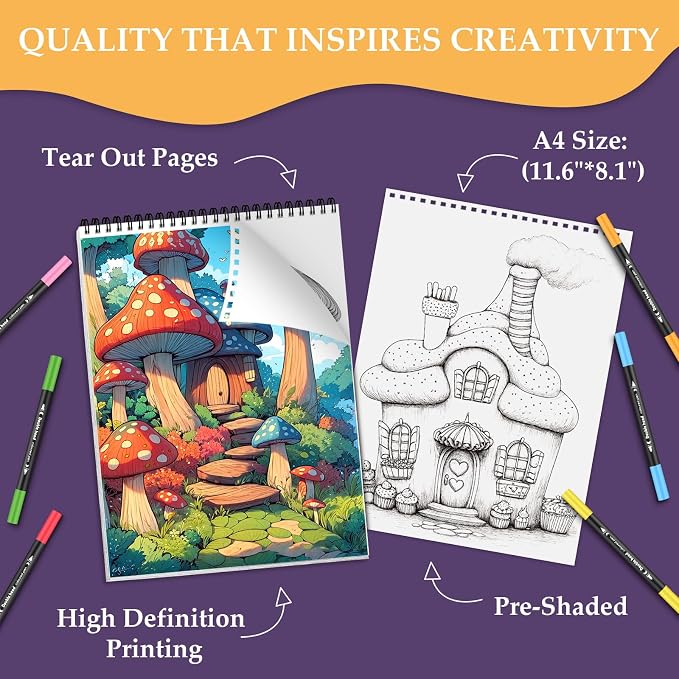 Adult Coloring Books for Women Stress Relief, 24 Pages Coloring Book for Adults Relaxation, Spiral Coloring Books for Adult, Relaxing Gift for Women, Single-Sided Coloring Book of Fantasy House