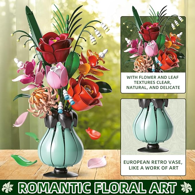 Flowers Bouquet Building Blocks Set with Vase, Roses, Lotus, Lily of The Valley for Adults, Teen Girls, Botanical Collection Home Décor, Office Decor, Gifts for Valentines Birthdays Mother's Day