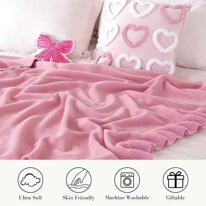 Ultra Soft Ruffle Knit Chenille Throw Blanket for Couch & Bed, Cozy Flowers Blankets for Home Decor, Gifts for Women Mom Sister on Mother's Day Valentine's Day Birthday, 50"x60", Pink