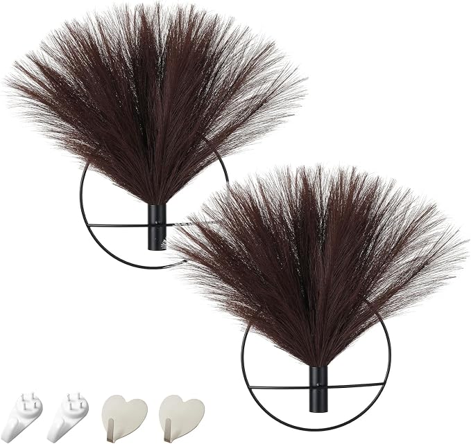 Pretty Jolly Boho Pampas Wall Decor Black Metal Wall-Mounted Art | Morden Artificial Greenery Display，2 Pack Hanging Planter For Living Room, Bedroom, Bathroom, Dining room