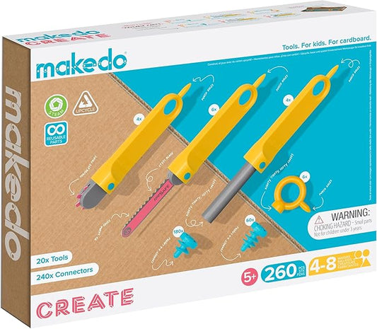 Makedo Create | 260 Piece Cardboard Construction Toolbox for 4-8 Makers | STEM and STEAM Educational Toys for Kids | at Home Play + Classroom Learning | Reusable Tools for Boys and Girls Age 4+
