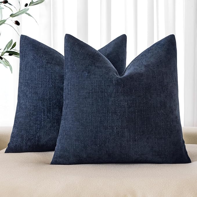 MIULEE Textured Chenille Throw Pillow Covers 20x20 Inch Dark Blue | Pack of 2 Decorative Soft Throw Pillows, Solid Textured Cushion Covers, Modern Home Decor for Couch Sofa Bedroom Living Room