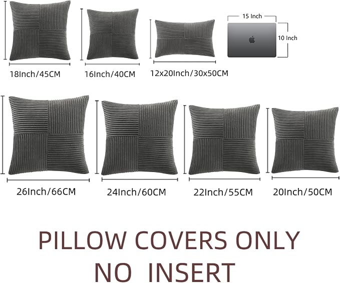 Fancy Homi 2 Packs Dark Gray Decorative Throw Pillow Covers 16x16 Inch for Living Room Couch Bed, Rustic Farmhouse Boho Home Decor, Soft Corss Patchwork Corduroy Textured Square Cushion Case 40x40 cm