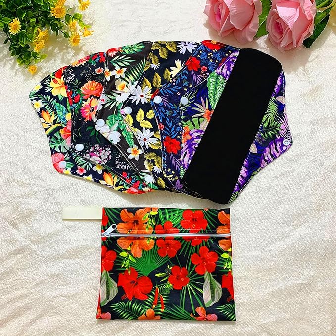7 Pcs Resuable Menstrual Pad Sets Including 1Pc Mini Wet Bag and 6Pcs Regular Flow Menstrual Pads Waterproof Mama Cloth Sanitary Napkins