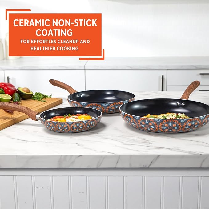 IMUSA 3 Piece 7, 9 & 11 Inch Talavera Aluminum Black Ceramic Fry Pan Set | Nonstick Ceramic Coating, Soft-Touch Handles, Talavera Exterior Design, Ideal for Frying and Sautéing
