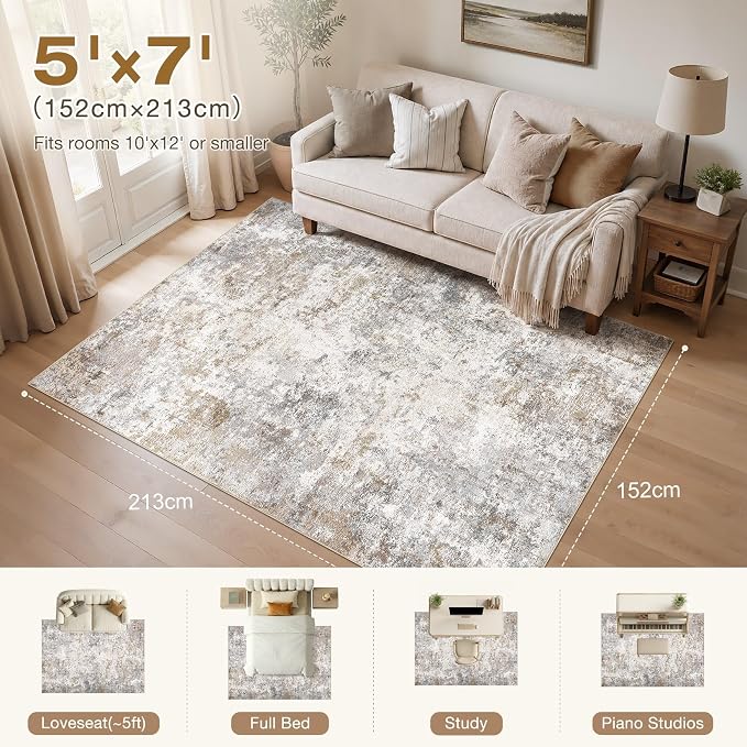 UERMEI 5x7 Area Rug Living Room Rugs - Washable Neutral Modern Abstract Soft Thin Large Rug Indoor Floor No Slip Rug Carpet for Bedroom Under Dining Table Home Office Decor - Brown Grey