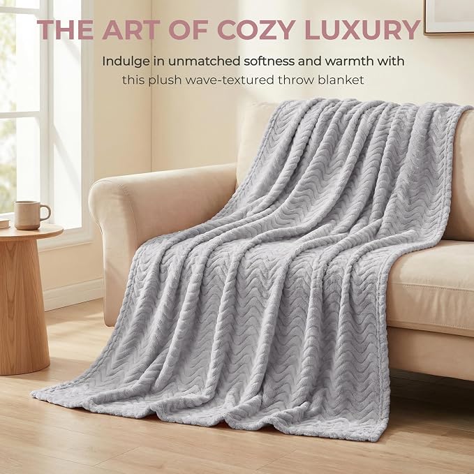 Exclusivo Mezcla Soft Fleece Blanket Twin Size for Bed, Sofa, Light Grey | 90"x66" Breathable Lightweight Flannel Blanket for Summer, Plush Cozy Jacquard Wave for Home Decor