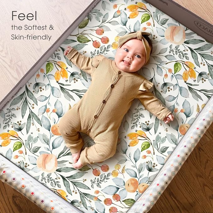 GRSSDER Stretchy Ultra Soft Jersey Knit Fitted Pack n Play Sheets Set 2 Pack, Portable/Mini Crib Sheets for Girls, Watercolor Flowers and Fruits