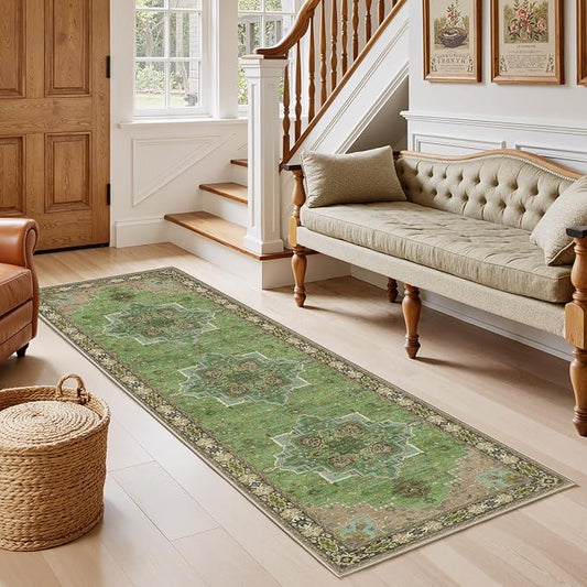 AMADA HOMEFURNISHING 2x6 Runner Rug, Vintage Non-Slip & Low-Pile Kitchen Area Rug for Hallway Bathroom Door Mat Indoor Entrance, Green