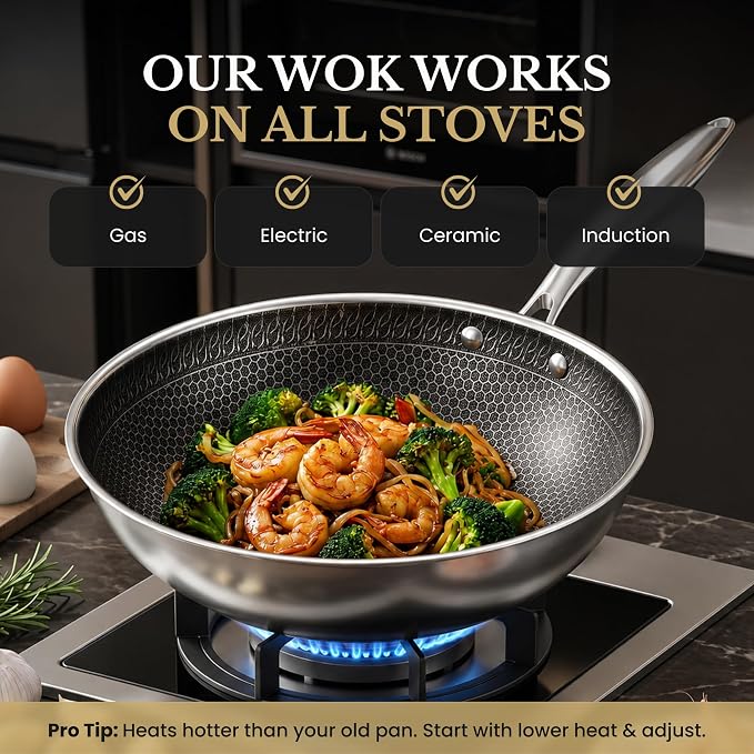 MUGAA® 11" Honeycomb Stainless Steel Wok with Lid, Nonstick, Induction Safe | Heavy-Duty Stir Fry Pan, Induction Compatible & Even Heat Distribution, PFOA-Free Non Toxic Cookware, Oven & Dishwasher Safe