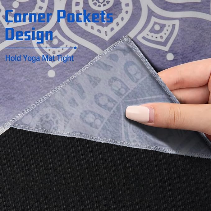 Yoga Mat Towel, Hot Yoga Non Slip with 4 Corner Pockets, 74 x 26 in | Soft Absorbent Microfiber With Four Corner Pockets, Fits Over Yoga Mats For Hot Yoga, Pilates, Gym, And Travel