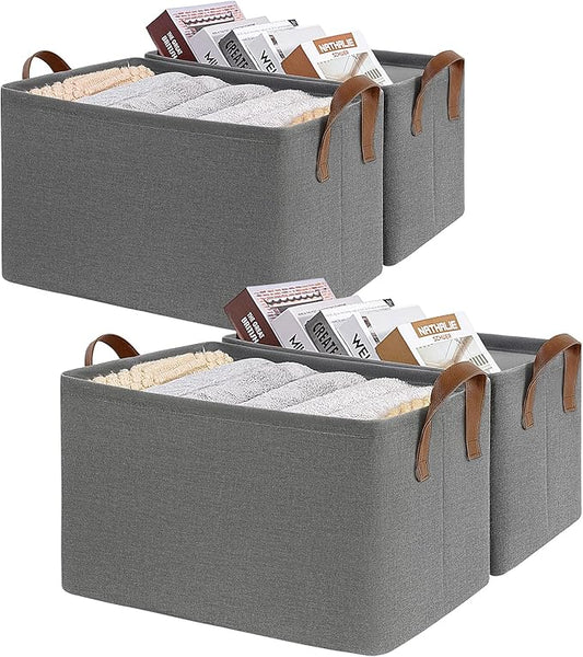 CHICVITA 4-Pack Large Fabric Storage Bins for Shelves, Metal Frame, Grey | 16 ¾" L x 11" W x 9¾" H, Collapsible Design, Clothes, Towels, Toys & Books Storage, Living Room & Bedroom Organization