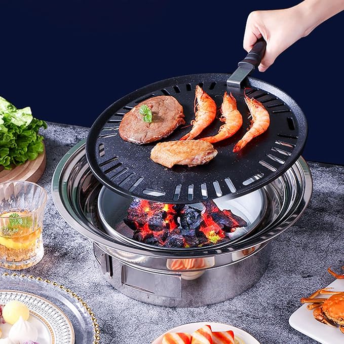 Portable Korean Style Stainless-Steel Barbecue Grill, Charcoal BBQ Round Grill Stove for Outdoor Camping, Picnicking & Parties 1~4 People, 13.8" DIA