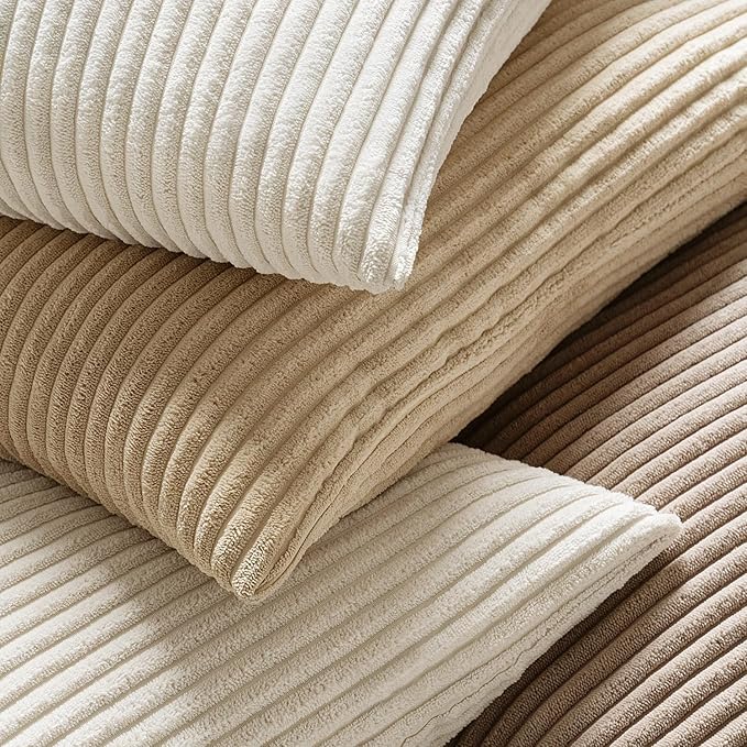 MIULEE Decorative Corduroy Throw Pillow Covers Set of 2 18x18 Cream White | Soft Striped Textured Cushion Cases, Boho Square Pillowcases Neutral Home Decor, for Couch Chair Sofa Bed Living Room