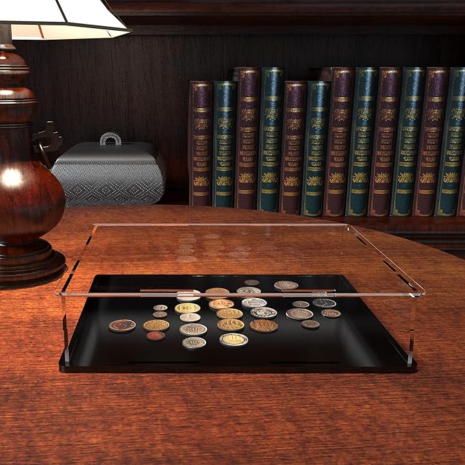 Figure Display Case, Short & Flat Acrylic Case for Collecting Books, Clear Box for Displaying Medals, Stamps, Collectibles and Cards，10.6" L x 8" W x 2.4" H
