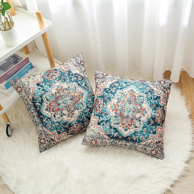 Boho Throw Pillow Covers 24x24 inch Set of 2,Boho Vintage Carpet Pattern Antique Ethnic Decor Double Sided Pattern Cushion Cover Soft Pillow Case Living Sofa Room Bed Square Pillow Cover