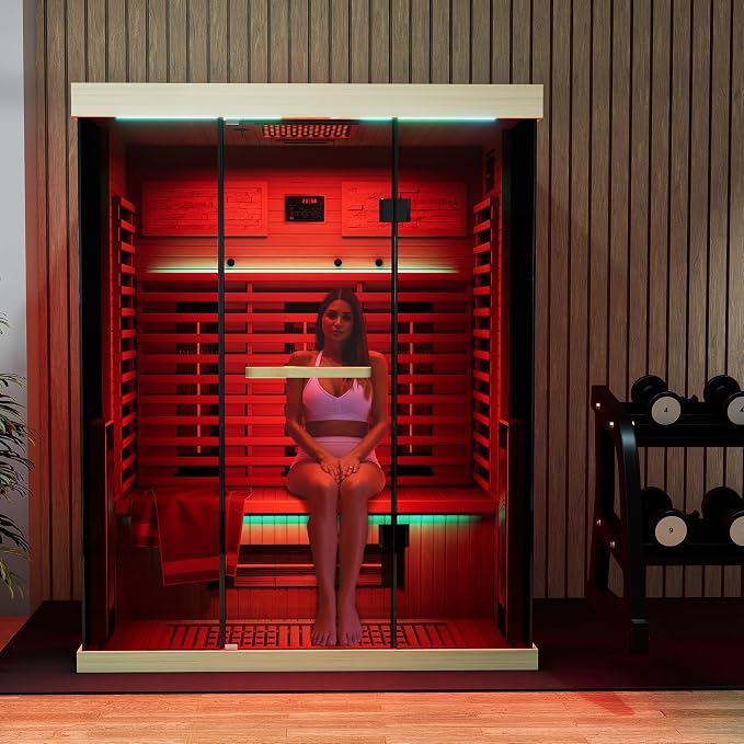 MEISSALIVVE Full Spectrum Infrared Sauna，2-3 Person Home Sauna，Wooden Canadian Hemlock Indoor Spa Sauna with Resonance Speaker, Panoramic Tempered Glass Door