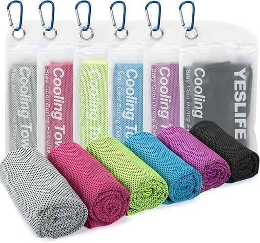 YESLIFE 6 Pack Cooling Towels (40"x12"), Gym Sweat Towels, Cooling Neck Wraps, Soft Breathable Microfiber Towels for Yoga, Running, Sport, Workout, Camping & More (Multicolor)