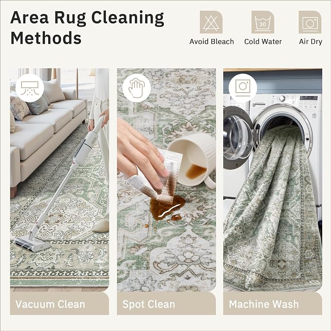 Soalmost 9x12 Area Rugs for Living Room Washable Rug Non-Slip Green/Brown | Large Vintage Stain Resistant Carpet for Dining Bedroom, Low Pile Lightweight Foldable Floor Mat Nursery Home Office Decor