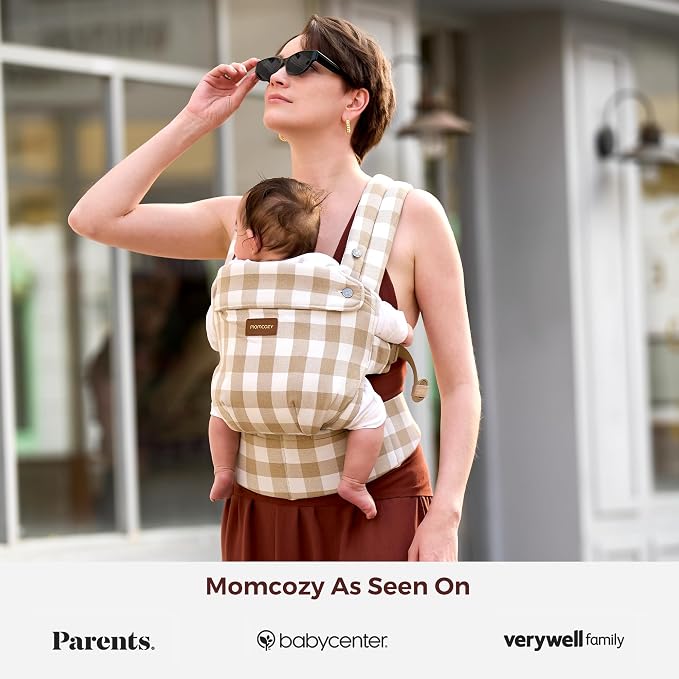 Momcozy Baby Carrier - Ergonomic, Cozy and Lightweight Carrier for 7-45lbs, Effortless to Put On, Ideal for Hands-Free Parenting, Enhanced Lumbar Support, Brown Checkerboard