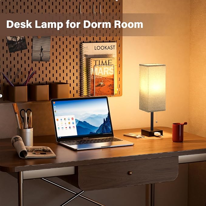 Grey Bedside Lamps for Bedroom Set of 2 - Small Nightstand Lamp with AC Outlet Charging Port, 3 Color Temperatures Rectangular Desk Light with Bulb, Tabletop Reading Lamp for Living Room/Dorm/Office