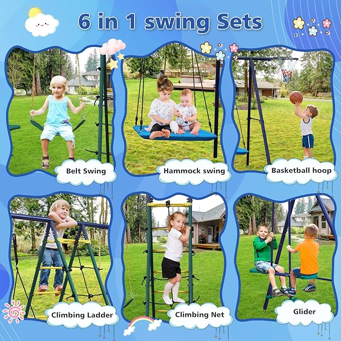 Swing Sets for Backyard, 6 in 1 Outdoor Swing Set, Heavy Duty Metal Swing Stand with Climbing Ladder, Climbing Net, Glider, Hammock Swing, Belt Swing, Basketball Hoop