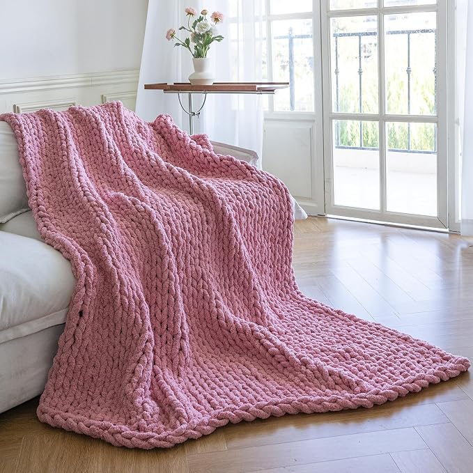 Chunky Knit Blanket - Luxury Soft Cozy 60 * 80 Throw Blanket,100% Woven Blanket Rope Knot Throw Blanket for Couch, Sofa, Home Decor, Gift - Machine Washable (Pink, 60 * 80)