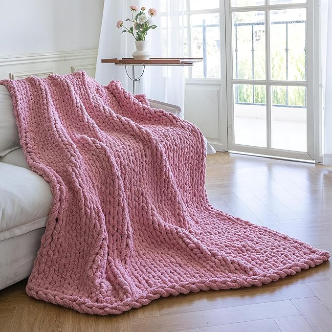 Chunky Knit Blanket - Luxury Soft Cozy 50 * 60 Throw Blanket,100% Woven Blanket Rope Knot Throw Blanket for Couch, Sofa, Home Decor, Gift - Machine Washable (Pink, 50 * 60)