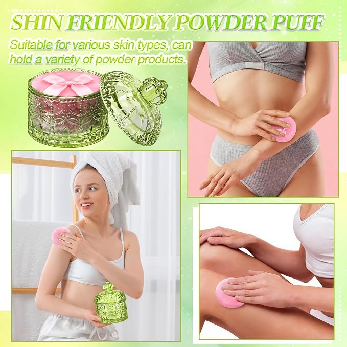 Body Powder Puff and Container, Crystal Container with Soft Dust Powder Puff Washable Reusable Face Body Glitter Wet Dry Makeup for Women Gift(Green, Crown)