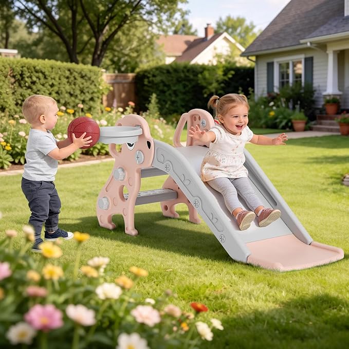 BIERUM Toddler Slide, 4 in 1 Kids Slide for Indoor Outdoor, Slide with Basketball Hoop & Ring Toss, Puppy Shaped Playset for Toddlers Age 1-3, Pink Gray