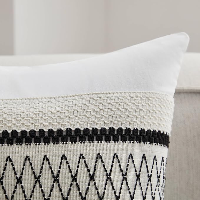 2pk Boho Pillow Covers 12x20, Natural White/Grid/Black | 100% Organic Cotton Body, Stripe Embroidery, Farmhouse Decorative Cushion Covers for Sofa Bed Living Room Home Decor