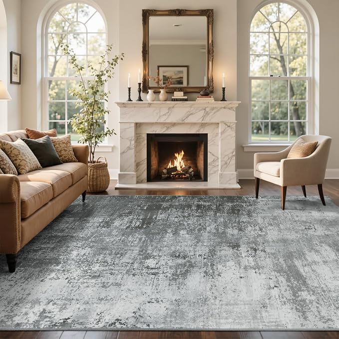 9x12 Ft Extra Large Washable Area Rugs for Living Room, Soft Non-Slip Modern Abstract Pattern Carpet for Bedroom Indoor Floor Nursery Home Decor (Grey)