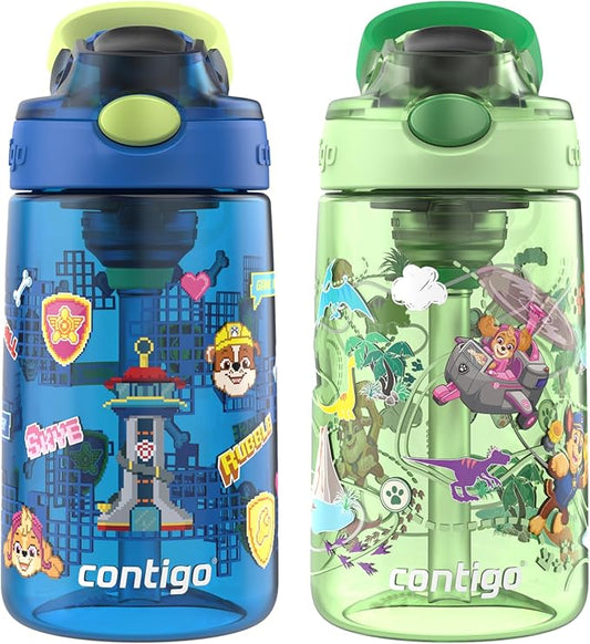 Contigo Aubrey Paw Patrol Leak-Proof Spill-Proof, 2-Pack Water Bottle with Autospout, 14oz, Power Pups and Dino Treks, Green and Blue