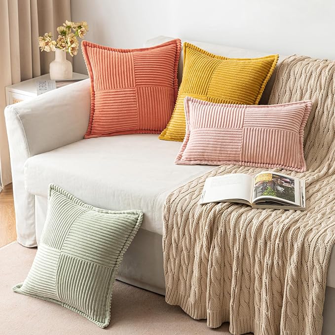 MIULEE Decorative Throw Pillow Covers for Couch 18x18 Inch Coral Red 2 Pack | Boho Broadside Striped Patchwork Pillow Covers, Soft Corduroy Cushion Cases, For Sofa Bed Livingroom Home Decor