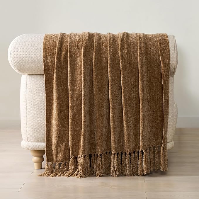 Chenille Knit Throw Blanket for Couch, 50"x60", Warm Beige | Cozy Plush Fuzzy Knittd Throw with Tassels, Lightweight, Decorative, Farmhouse Decor, Ideal for Bed Sofa Gift, All Seasons