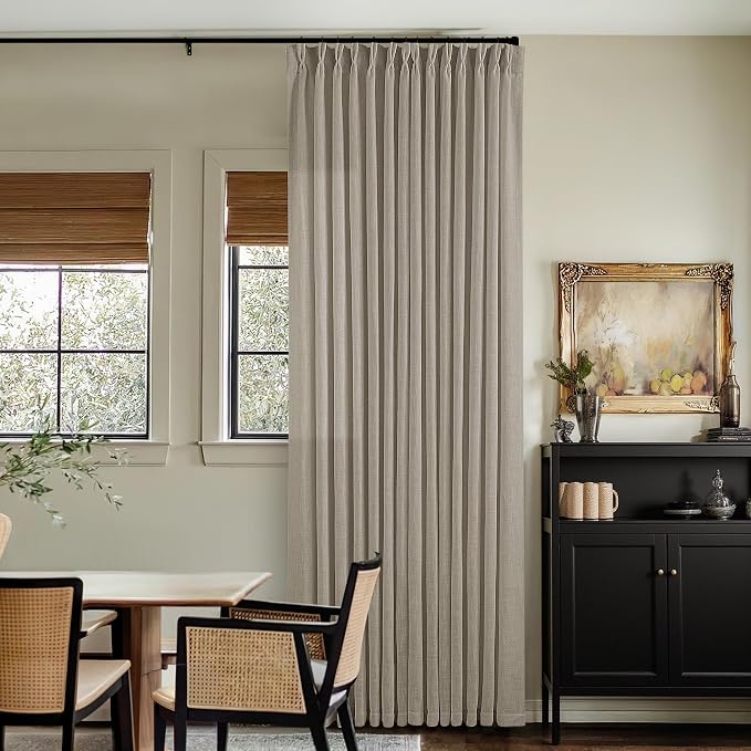 Pinch Pleated Linen Curtains 86 Inches Long for Living Room 2 Panels Set Greyish Beige Flax Double Pleated Drapes Back Tab Farmhouse Ceiling Floor 86 Inch Window Curtains Bedroom Burlywood Birch