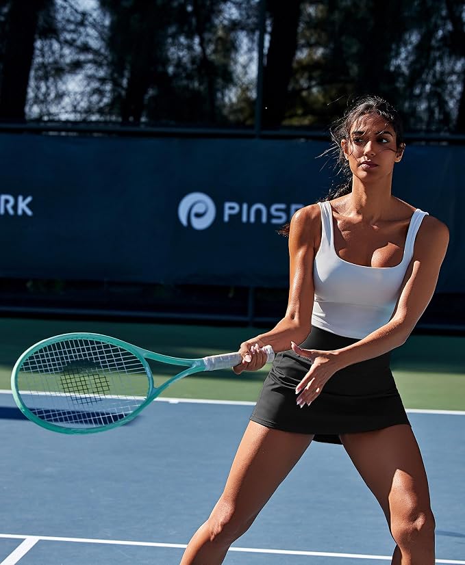 PINSPARK 14" Womens Tennis Skirt High Waisted Golf Skort with 2 Pockets | Built-in Shorts, A Line, Tummy Control, Stretchy, Casual, Mini, Workout, Pickleball, Running, Skort for Woman