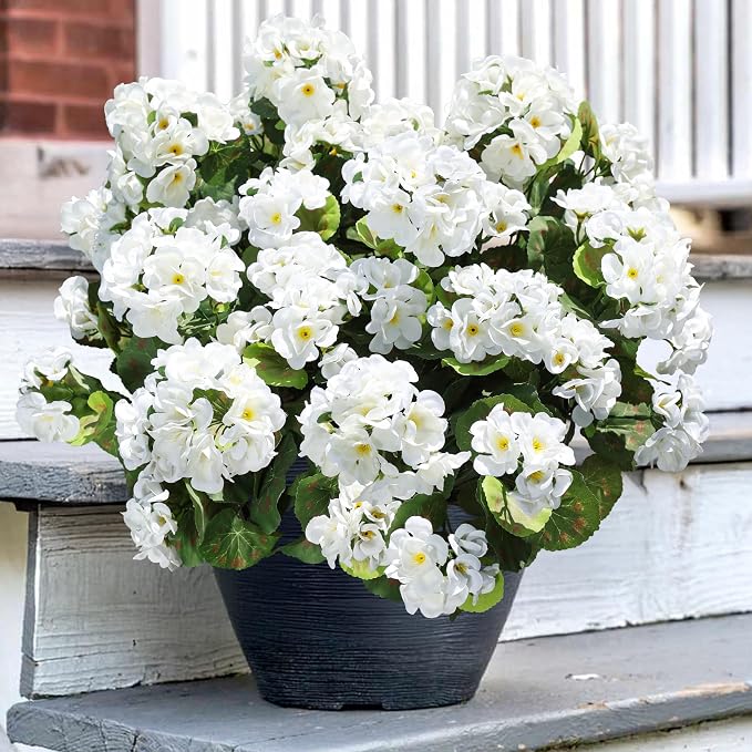 Artificial Geranium Fake Flowers for Outdoors Decoration, 6 Bundles Silk Geraniums White Flower UV Resistant Look Real Faux Plants for Front Door Garden Porch Planter Patio Balcony Yard Indoor Home