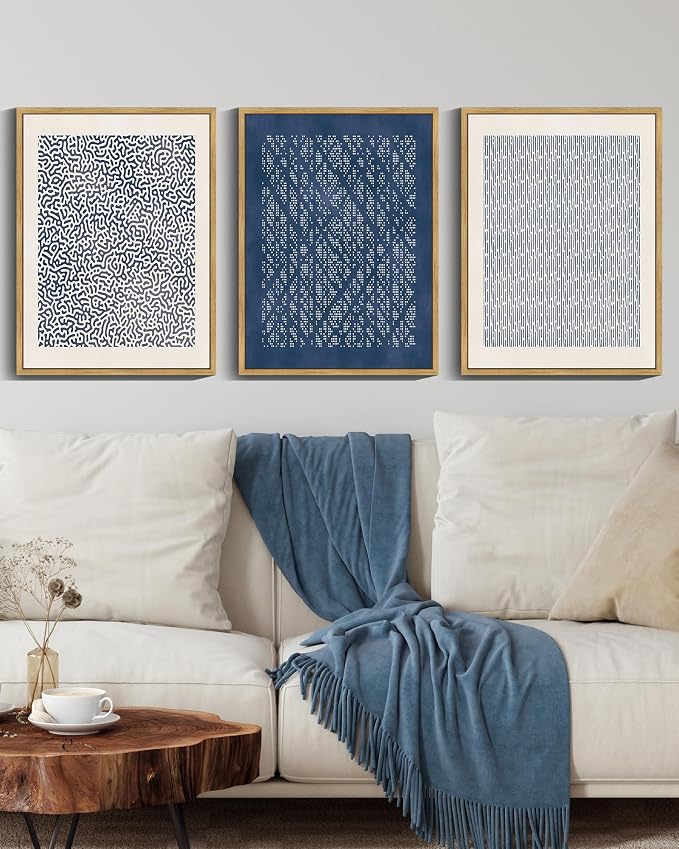 Drsoum Blue Mid-Century Modern Framed Wall Art Minimalist Abstract Boho Wall Decor Geometric Artwork Kitchen Dining Room 11x14in Natural Framed