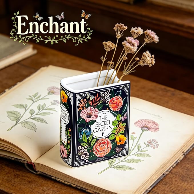 Ceramic Book Vase - Unique Book Shaped Vase for Flowers, Decorative Desk & Shelf Decor, Creative Aesthetic for Shelf Table Home Office Decor,Gift for Book Lovers, Readers & Plant Enthusiasts