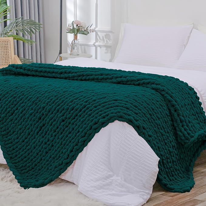 Bigacogo Chunky Knit Throw Blanket for Couch, 51x63 inches, Dark Green | Hand Knit with Jumbo Chenille, Soft Breathable Cable Knit for Sofa Bed Living Room, Machine Washable, Gift for Mom Friend