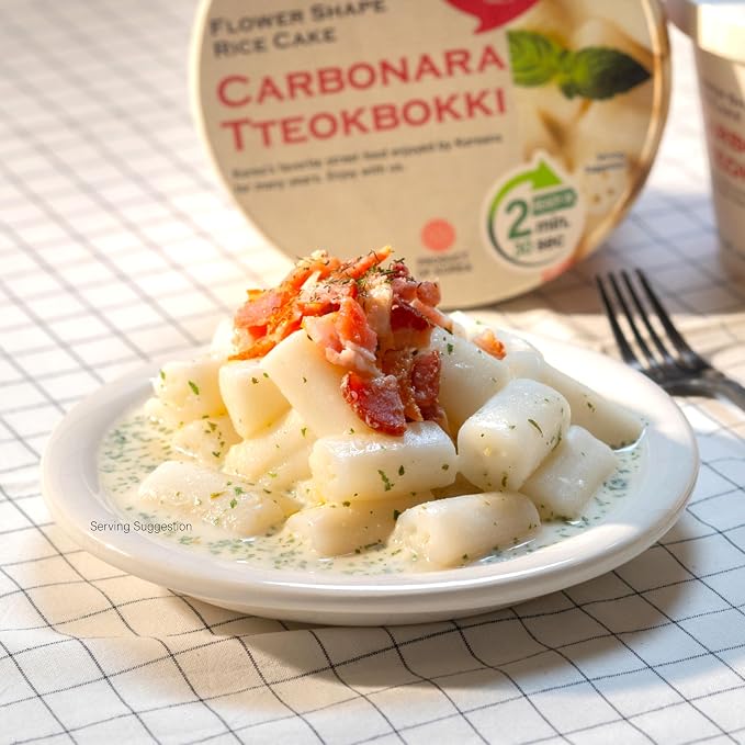 Jayone Cup Tteokbokki, Korean Rice Cake Street Food Snack, Quick & Easy to Cook, Microwavable, Creamy Carbonara Sauce (4 Cups)