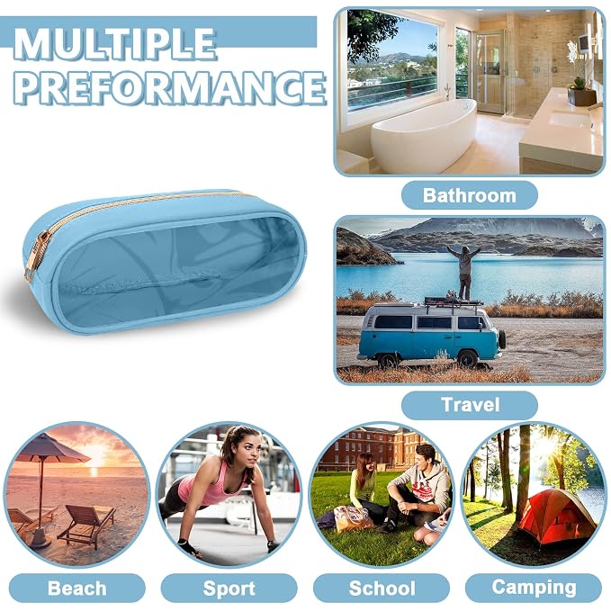 UIXIZQ Clear Small Pencil Pouch Makeup Bag for Purse,Nylon&PVC Pencil Case Waterproof Makeup Brush Holder with Zipper,Preppy Transparent Pen Bag Travel Cosmetic Bag for Women Office(Slim-Blue)