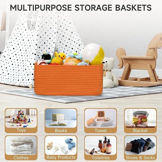 3 Pack Storage Baskets for Organizing, 13.7×9.5×6.3", Orange | Woven Baskets for Shelves, Cotton Rope Basket for Gifts Empty, Closet Organizer Bins with Handles, Cube Decorative Box