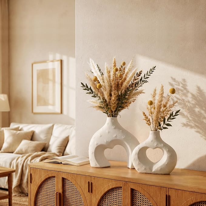 White Ceramic Flower Vases Table Decor Heart Shaped Vase Set of 2 | Nordic Heart Shaped Vases Minimalist Decorative Vase for Table Centerpiece Wedding Dining Living Room Office House Decoration