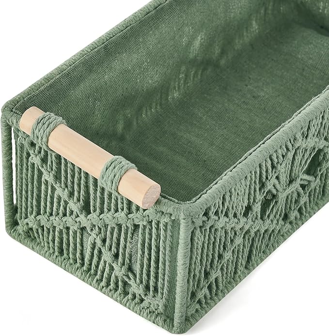 Mkono 2Pc Macrame Storage Basket, Boho Decor Toilet Paper Holder, Green | Small Baskets for Organizing, Hand-Woven, Bohemian Beach Coastal Decor, Shelf Vanity Cabinet Bedroom Living Room Office Dorm