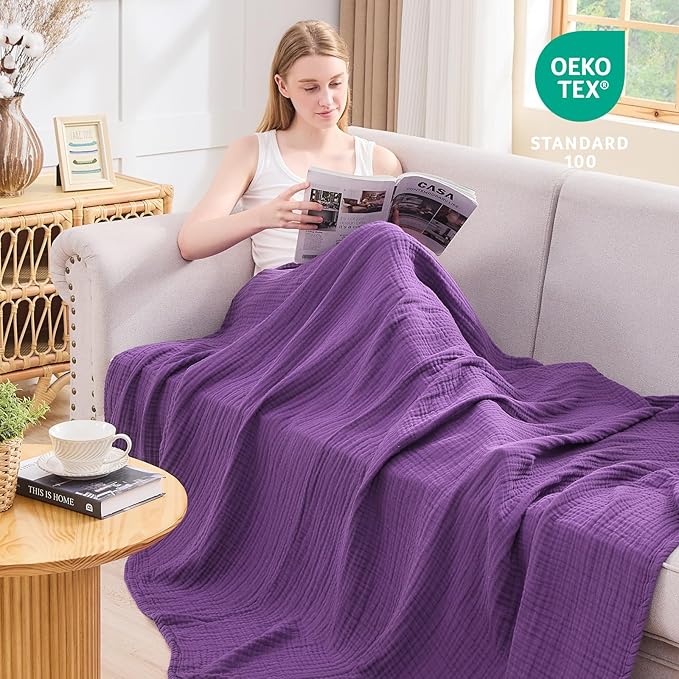 EMME Muslin Blankets for Adults Throw Blanket for Couch Breathable Gauze Soft Lightweight Airy Purple Throw 50" x 60"