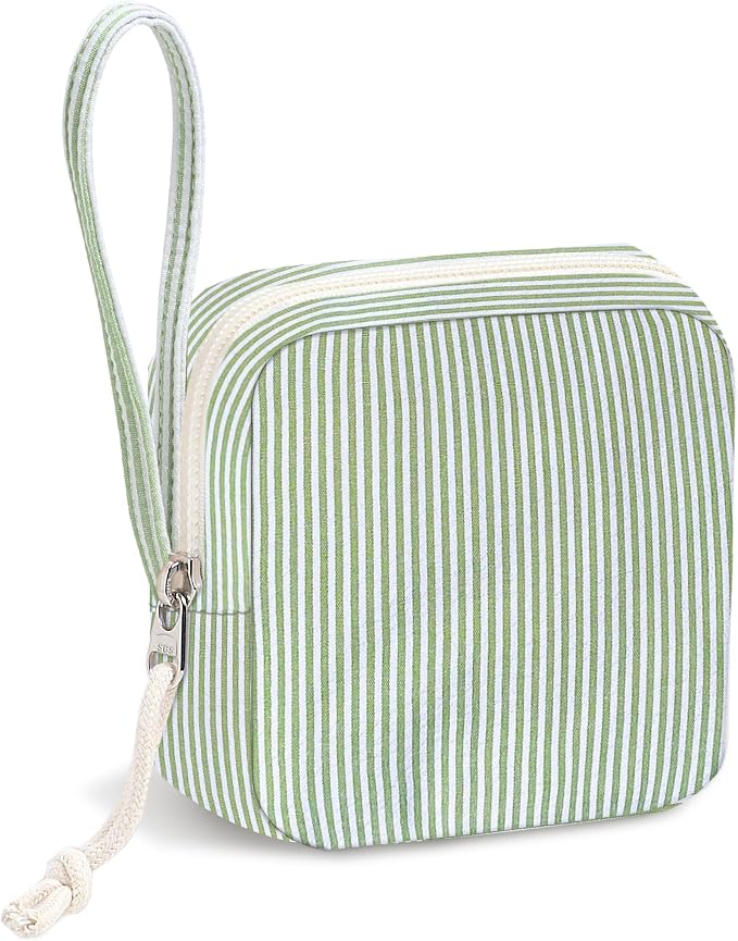 Corduroy Period Pouch for Women, Cute Sanitary Pad Pouch with Zipper, Portable Tampon Holder for Purse, Sanitary Napkin Storage Bag for Travel (Stripes Green White)