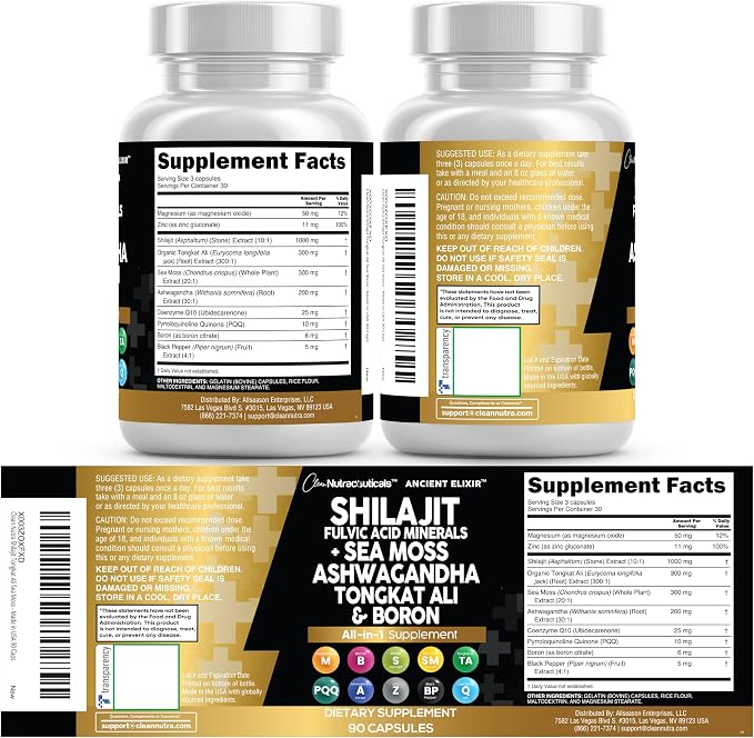 Clean Nutraceuticals Shilajit Supplement with Sea Moss, Ashwagandha, Tongkat Ali, Boron, Magnesium - Fulvic Acid Capsules for Men - 2Pack